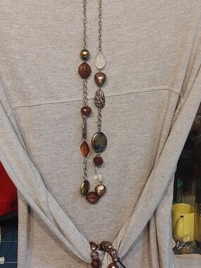 Long Multi-Bead Brown Cheetah Print and Metallic Women's Necklace & Bracelet